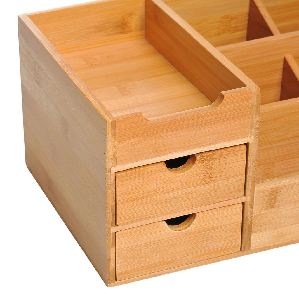 Organizer da scrivania in bambù con 2 cassetti e 7 scomparti, colore naturale, 33 x 20,5 x 15,5 cm