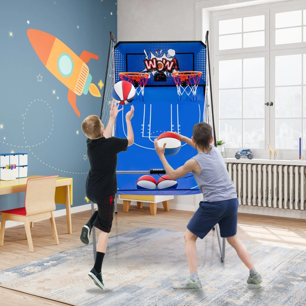 Gioco arcade da basket a doppio tiro per casa, Gioco da basket pieghevole con 8 modalit¨¤ di gioco suono arcade Blu