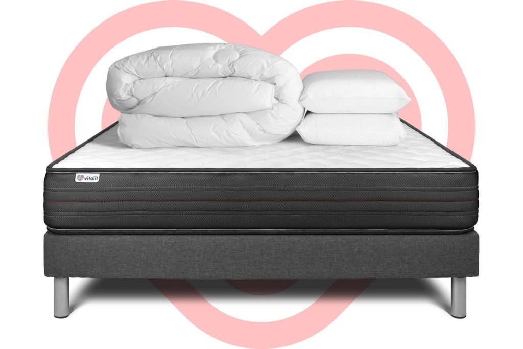 Pacchetto letto completo - Materasso 140x200cm + Box spring con doghe (in kit) + 2 cuscini + Piumino - Vitalpower