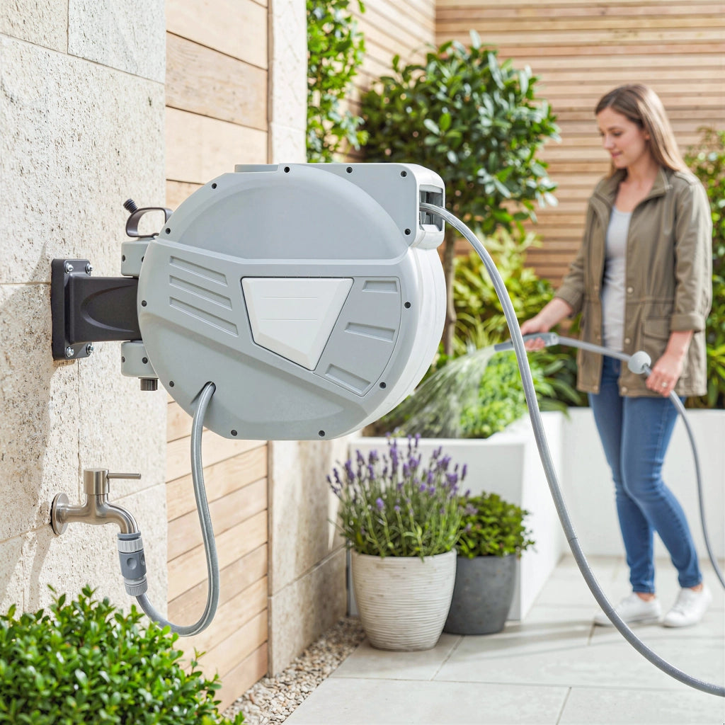 Avvolgitubo Murale Automatico Giardino 20m ¨C Xylo ¨C Grigio ? 15mm Rotazione 180¡ã