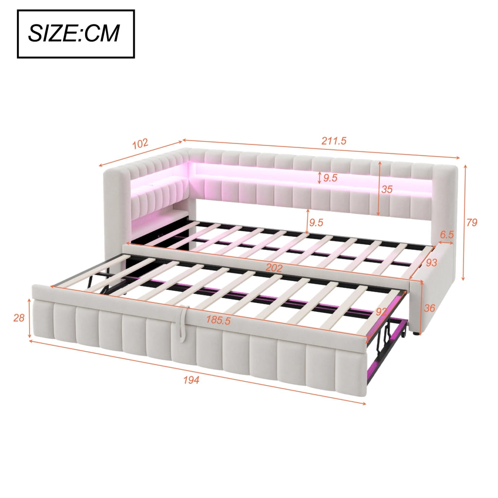 Letto imbottito estraibile 90x200 cm con LED, porte USB e tipo C, tessuto effetto velluto beige