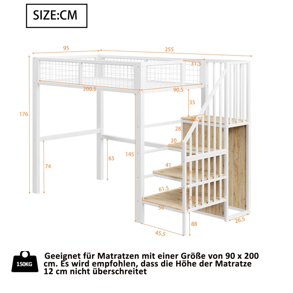 Letto a soppalco 90x200 cm in metallo bianco con scala di sicurezza e armadio integrato