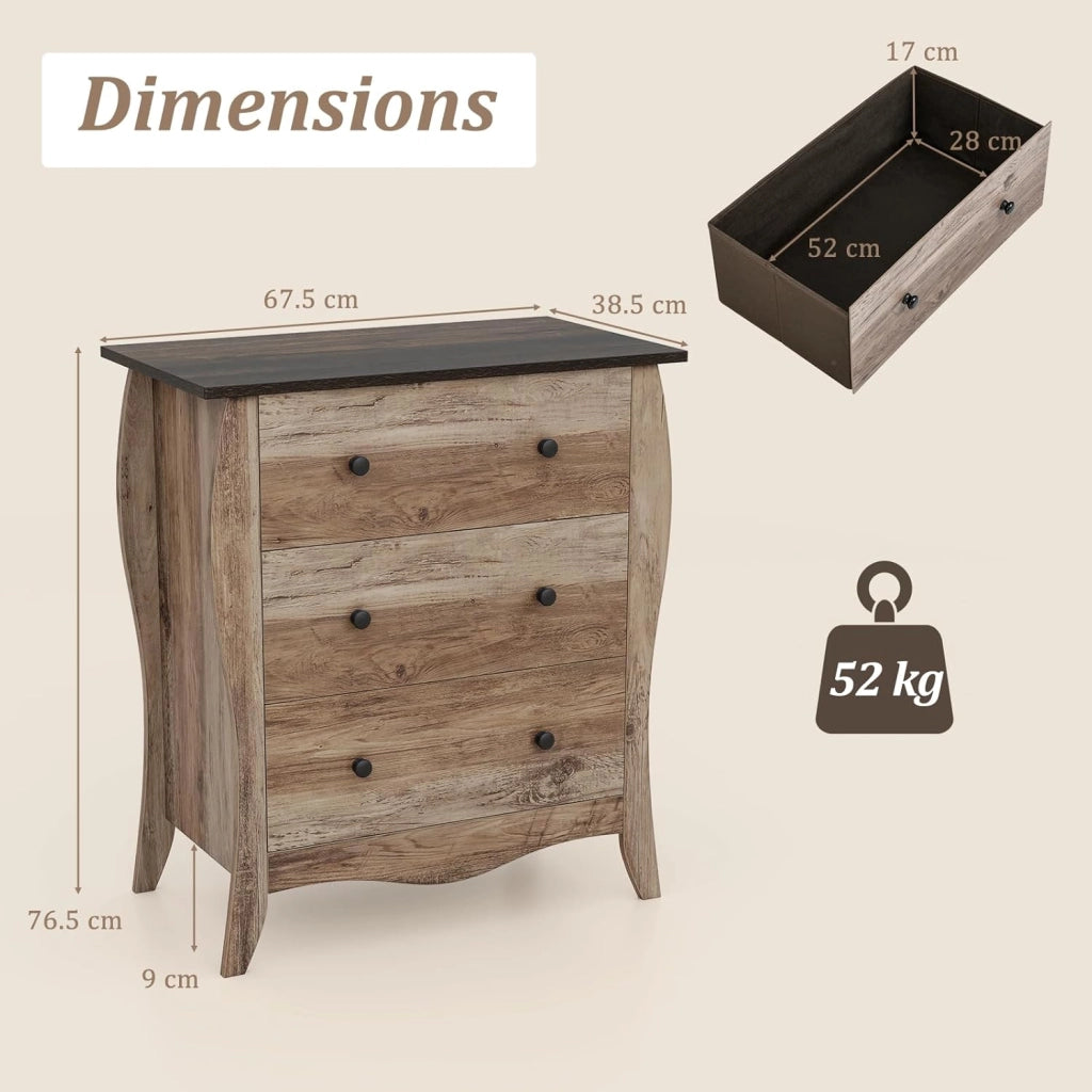 Cassettiera a 3 Cassetti Pieghevoli in Tessuto, Comò Camera da Letto in Legno, Mobiletto Cucina con Maniglie e Kit Antiribaltamento, Armadietto per Soggiorno, 67,5x38,5x76,5cm (Caffè)