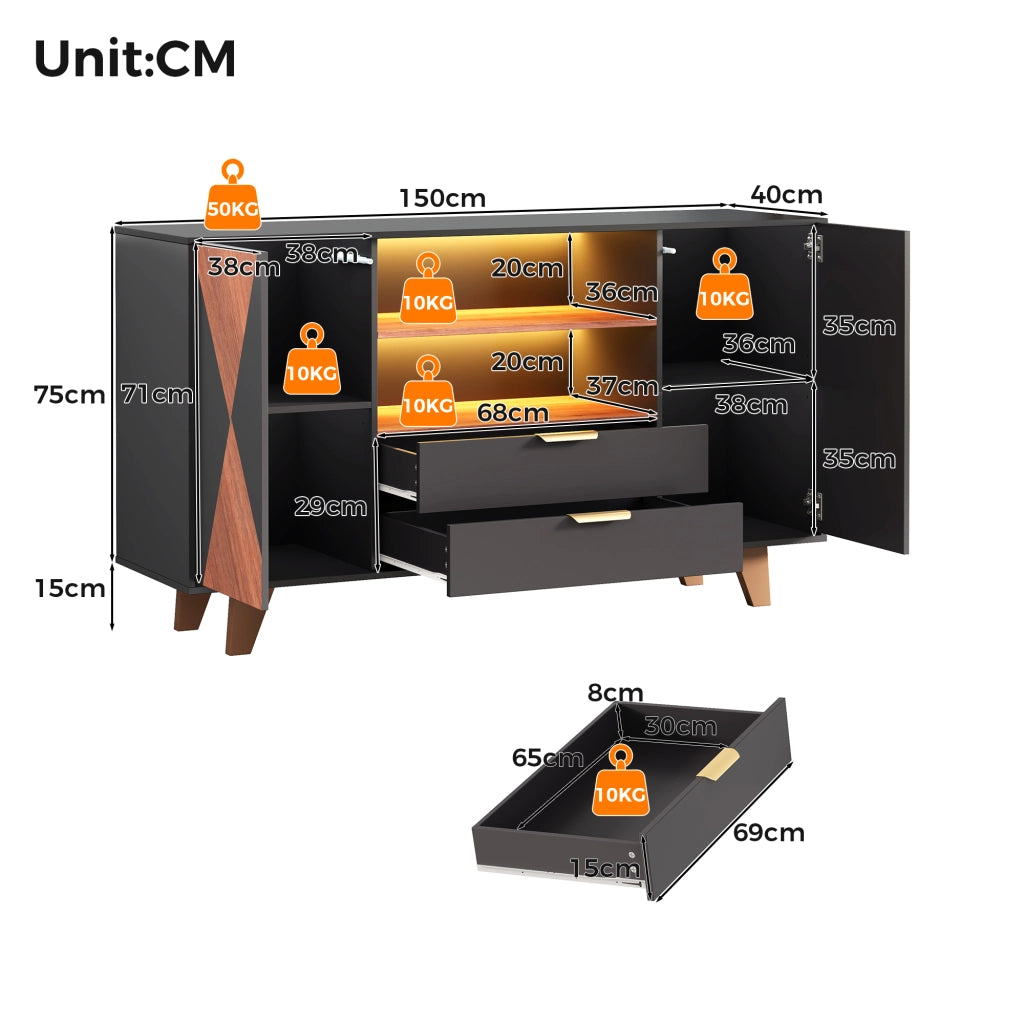 Credenza con 2 cassetti; ripiani regolabili e LED - per cucina - in MDF - 150×40×90 cm - naturale e nero