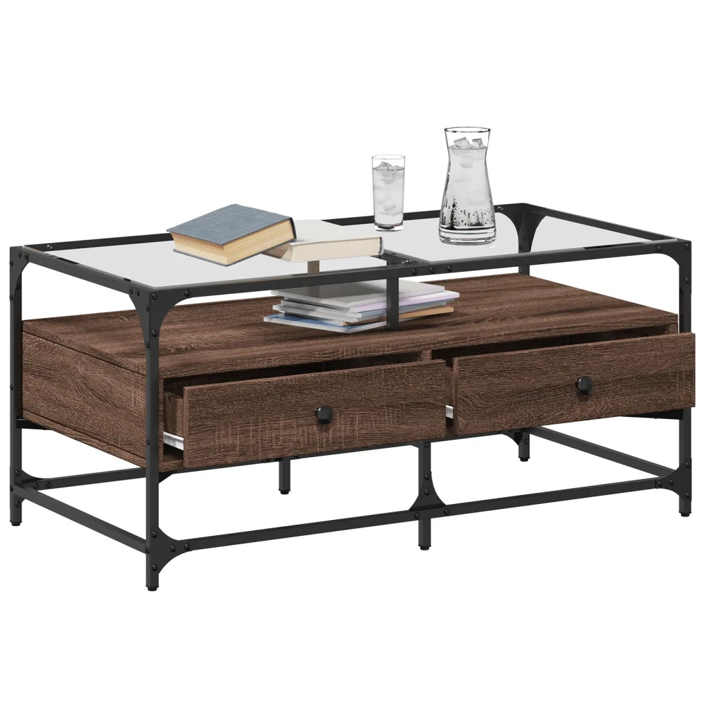 Tavolino da salotto | Tavolino da caff¨¨ | Tavolino da Soggiorno con Piano in Vetro Rovere Marrone 98,5x50x45cm Acciaio
