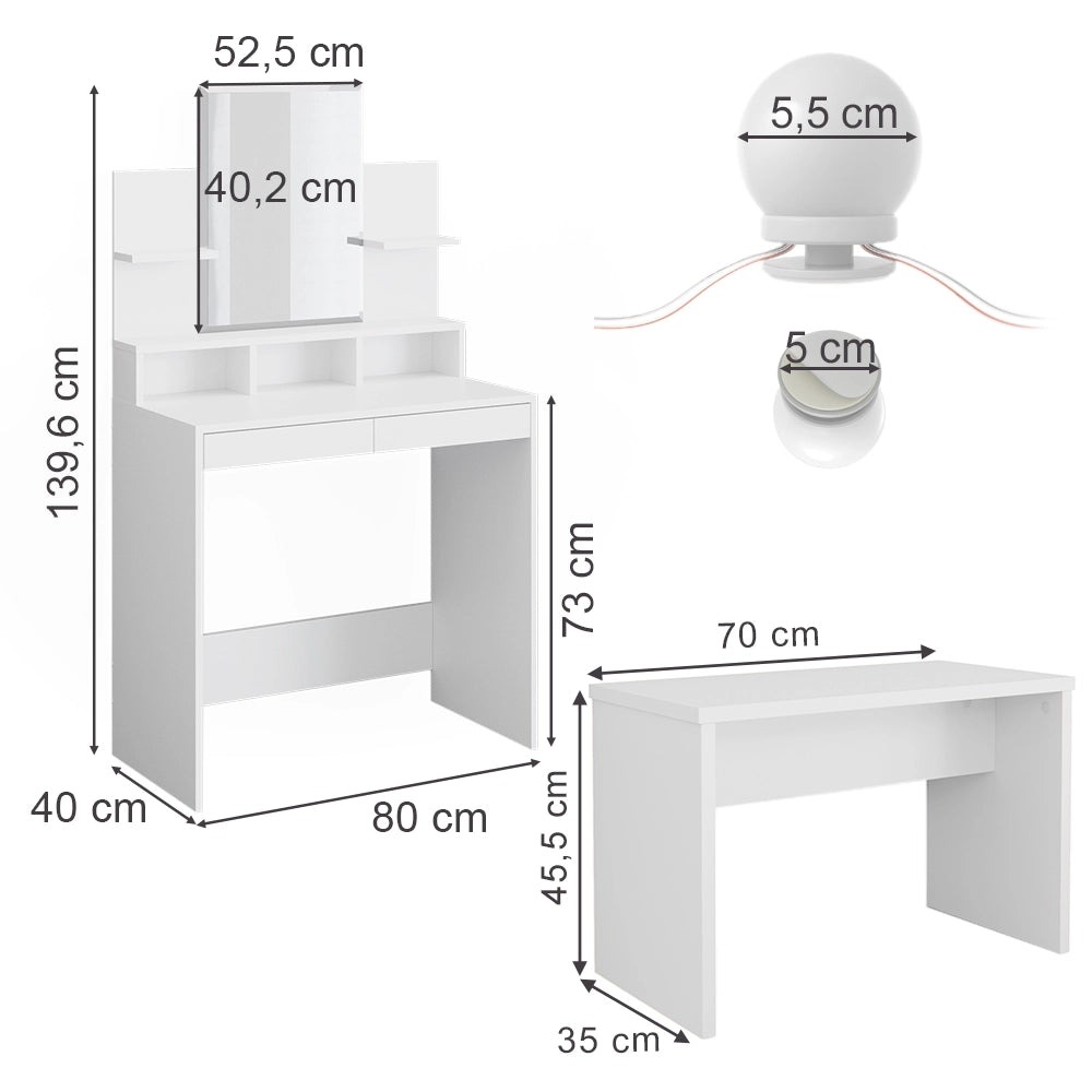Vicco Tavolo da toeletta Bianco 80 cm con illuminazione a LED e panca