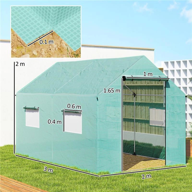 SERRA A TUNNEL 2X3X2 M CON PORTE E FINESTRE AVVOLGIBILI E TETTO A PUNTA, IN ACCIAIO E PE, VERDE