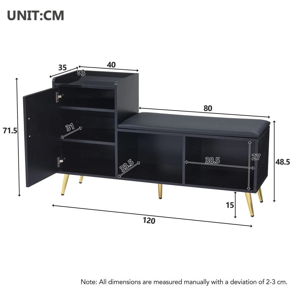 Scarpiera con seduta imbottita - Zephmum- Porta armadio nera lucida, ripiani multipli, accessori dorati