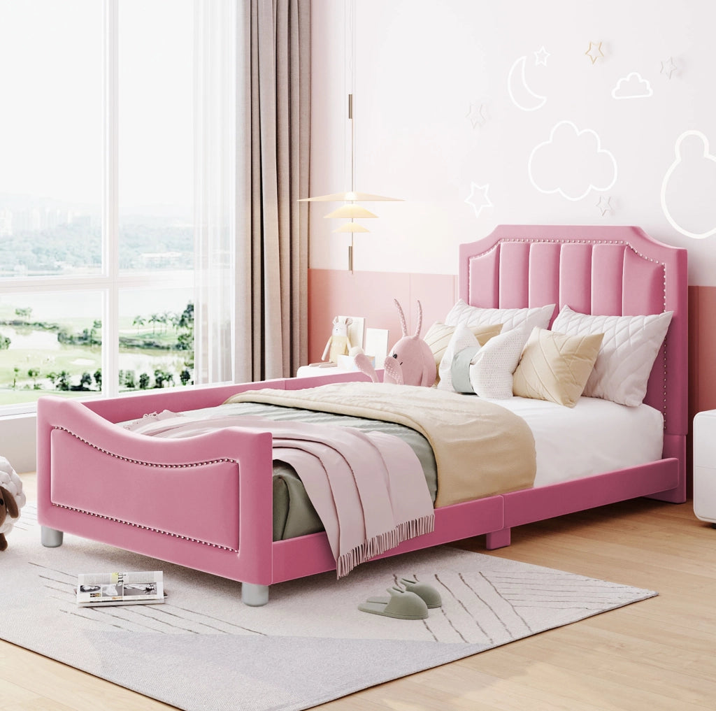 Letto imbottito 90x200 cm convertibile in divano letto; flanella rosa