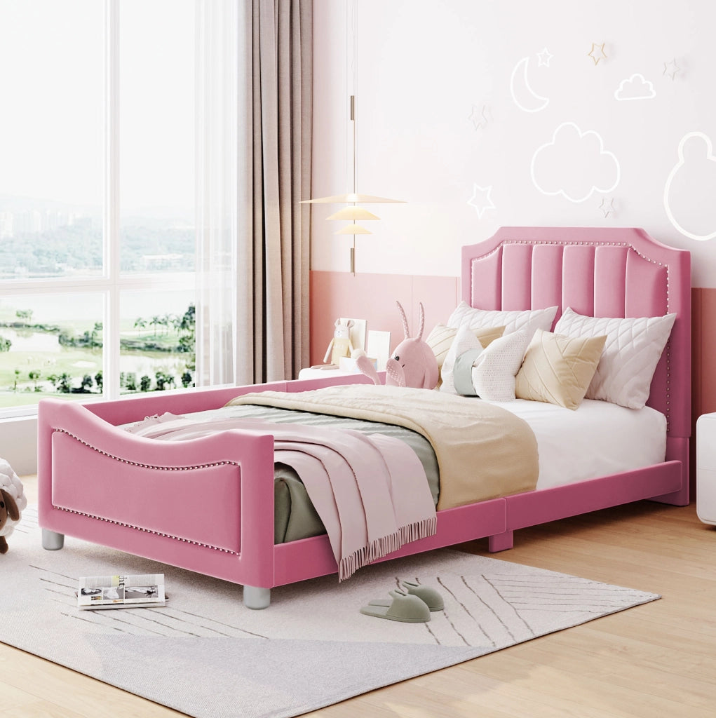 Letto imbottito 90x200 cm convertibile in divano letto; flanella rosa