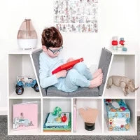 Libreria Panca 2 in 1, Design Contemporaneo, 6 Scomparti, 3 Cuscini Inclusi, 102L x 30l x 61H cm, Bianco e Grigio