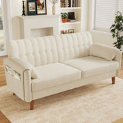 Divano a 2 posti in ciniglia beige con cuscini bracciolo; tasche laterali e gambe in legno; 161;5 cm