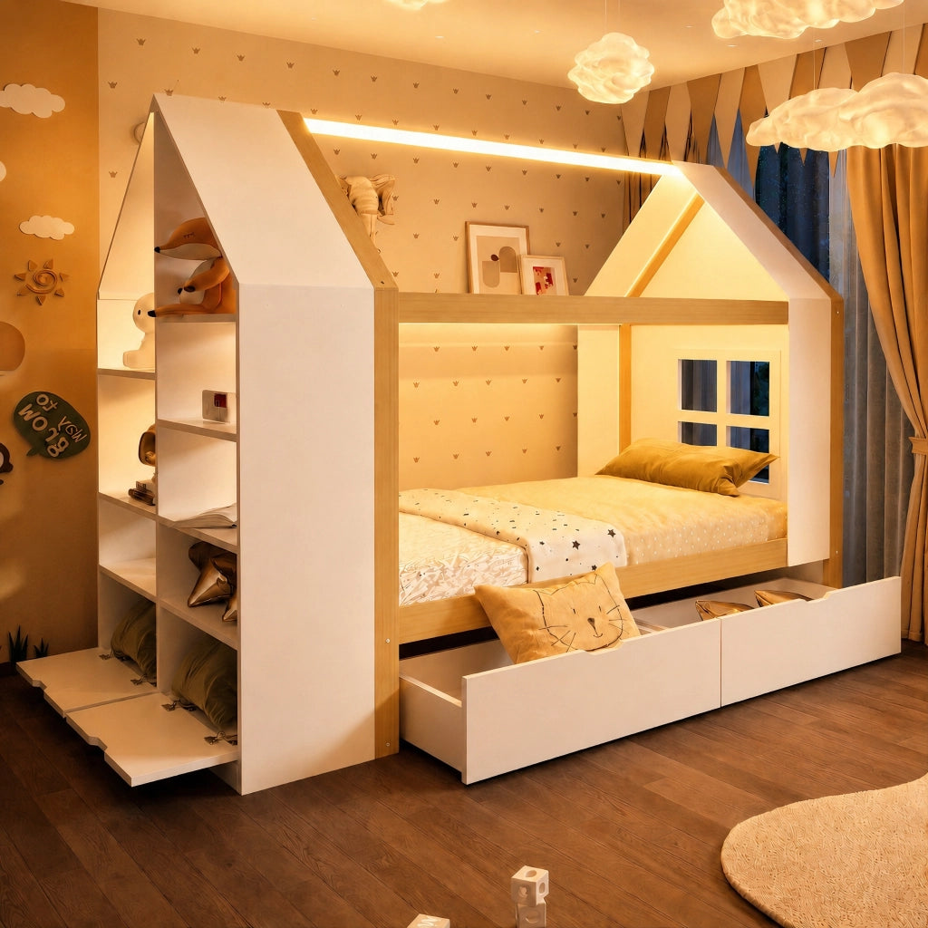 Letto a casetta per bambini 90 × 200 cm con 2 cassetti, LED e ripiani laterali, senza materasso, legno massiccio, bianco naturale