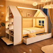 Letto a casetta per bambini 90 × 200 cm con 2 cassetti, LED e ripiani laterali, senza materasso, legno massiccio, bianco naturale
