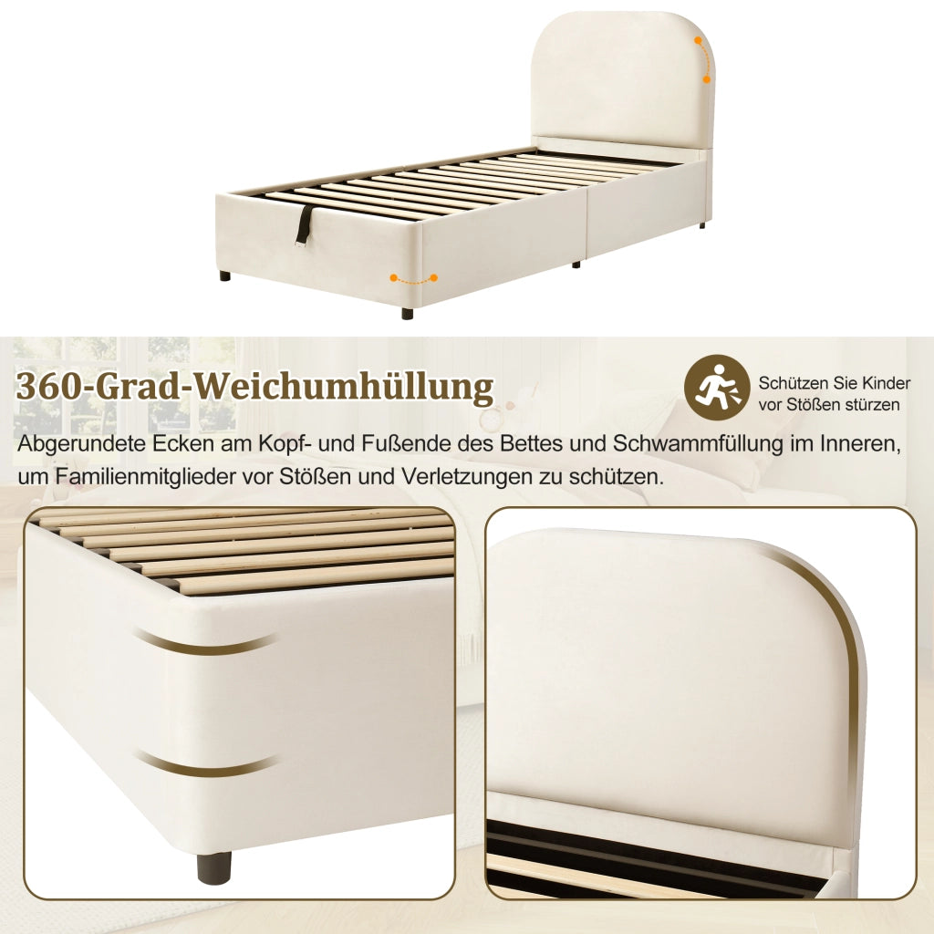 LETTO Contenitore 90x200 cm in velluto beige con rete a doghe