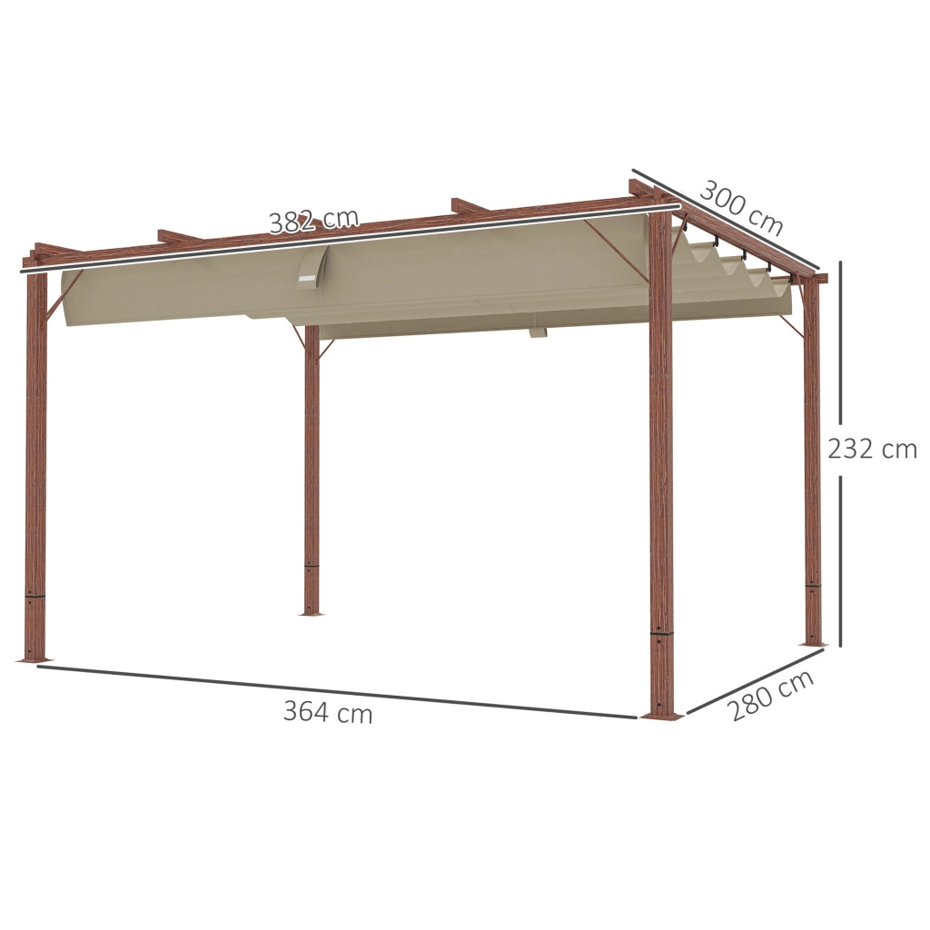 Gazebo Pergola con Tetto Retrattile. Picchetti e Viti. in Poliestere e Alluminio. 382x300x232 cm. color Legno
