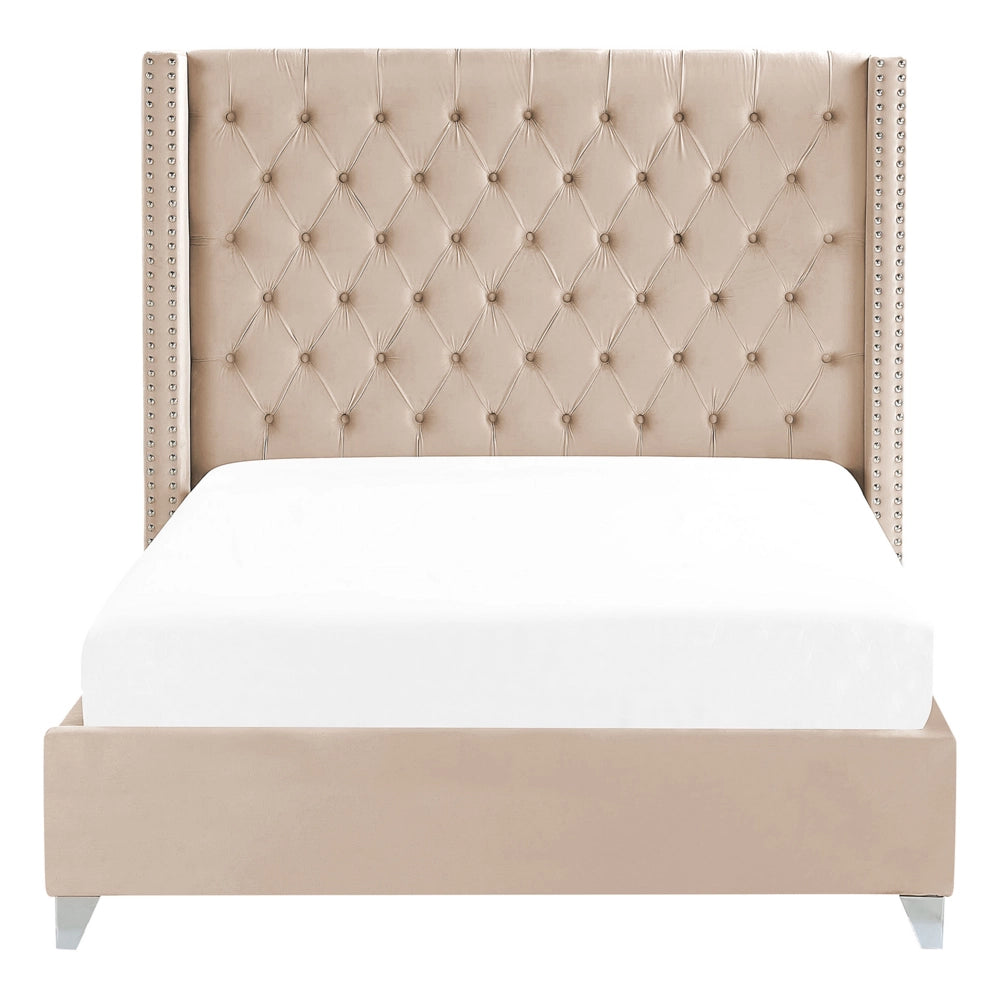 Letto matrimoniale a doghe velluto beige imbottito trapuntato poggiatesta 140 x 200 cm stile glamour elegante