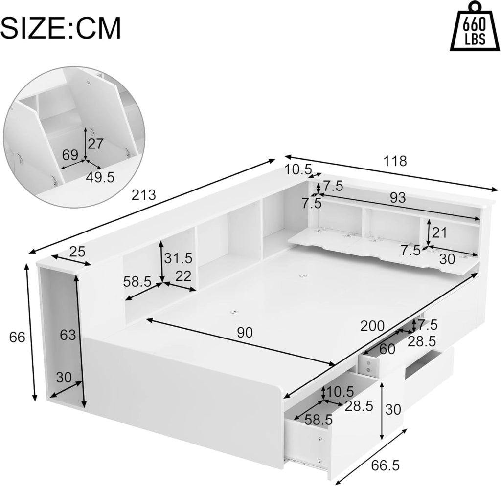 Letto Singolo 90x200 cm con Contenitore Cassetti e Libreria, Letto Multifunzionale per Bambini con Vano Portaoggetti e Rete a Doghe in Legno, Rete con 3 Contenitore, Bianco, Senza Materasso