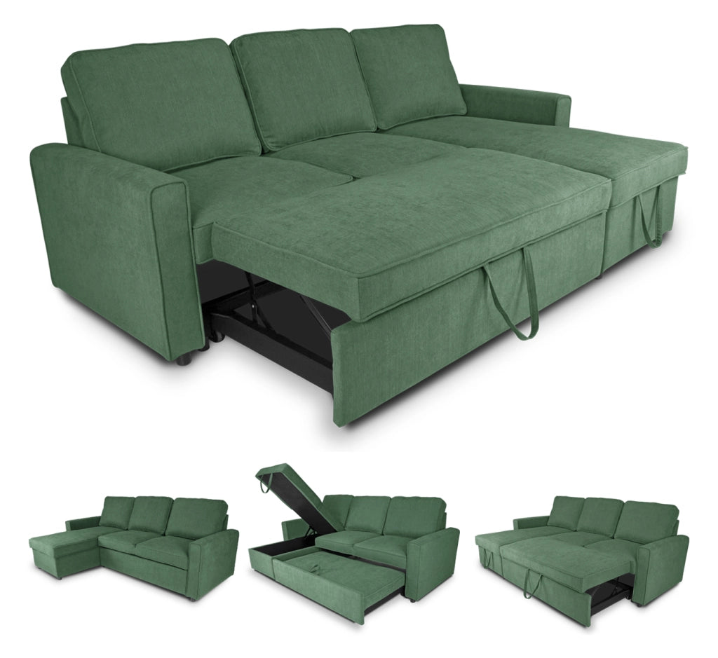 Divano letto angolare con contenitore, divano con chaise longue verde abete - Kennedy - DL-KE38CL