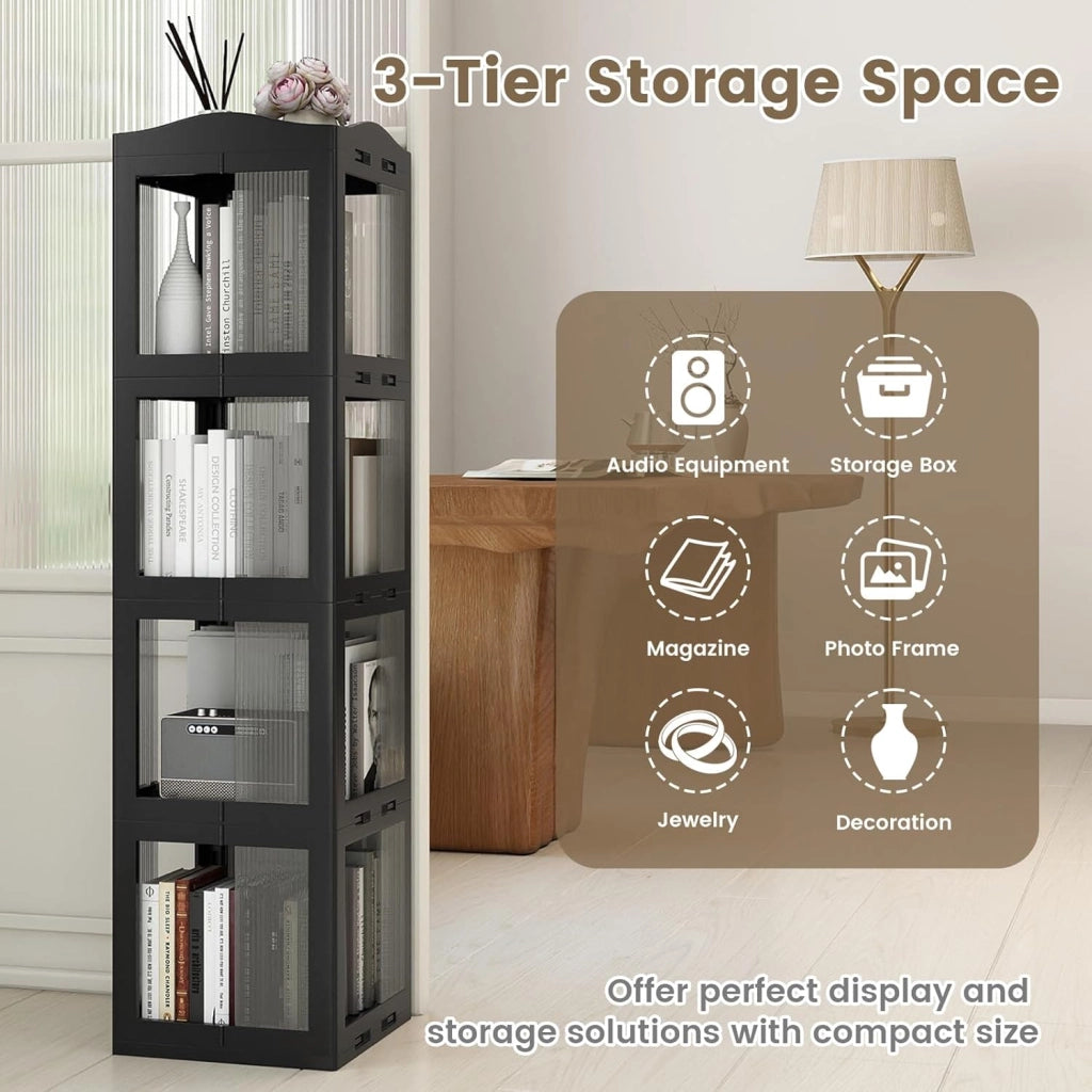 Libreria girevole a 360°, scaffale angolare girevole a 4 livelli, con pannelli traslucidi, montaggio semplice, per piccoli spazi, ufficio, camera da letto e soggiorno (nero, 4 livelli)