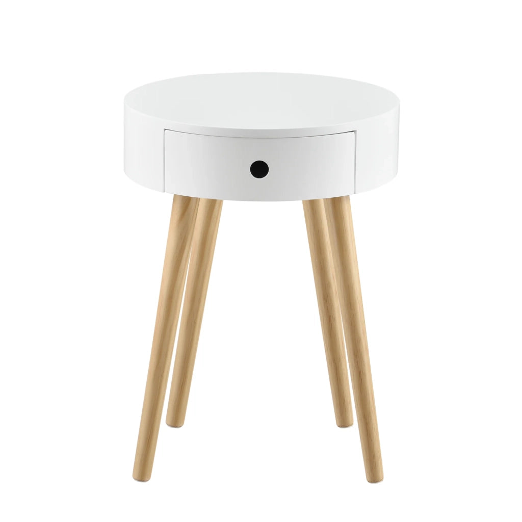 Tavolino rotondo con cassetto cassettiera comodino mobile contenitore MDF laccato e pino bianco 50 x 38 x 38 cm 03_0003145