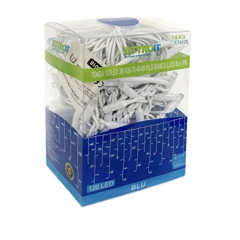 Tenda Luminosa Da Esterno IP65 3MT Con 120 Luci Led Blu Effetto Cascata Con Connettore Prolungabile
