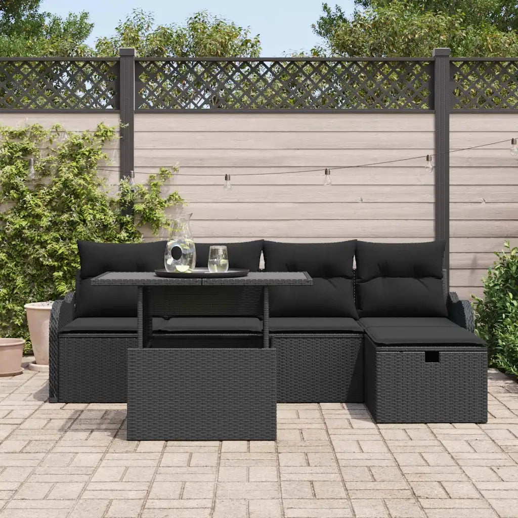 Set Divano da Giardino con cuscino 6 pcs Nero Poly Rattan