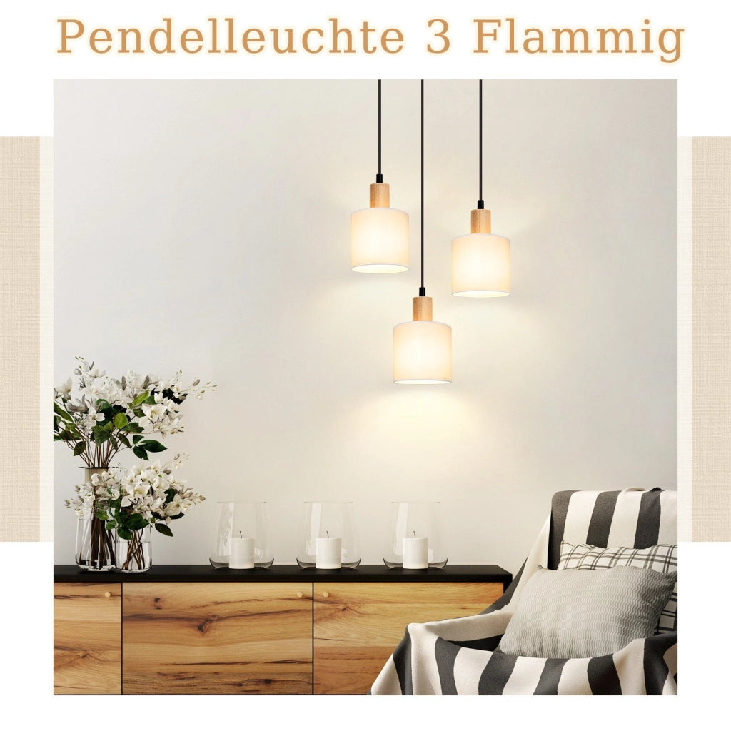 Lampada a sospensione ZMH legno bianco diametro 20 cm E14 stile retr¨° 3 lampadine rotonde per sala da pranzo e cucina