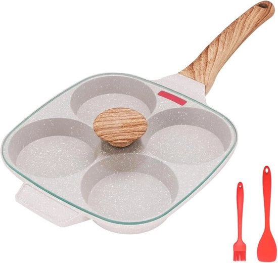 Padella per uova con rivestimento antiscivolo, padella per uova con 4 sezioni e coperchio, padella hamburger per uova, padella per pancakes multifunzione, padella in alluminio per uova fritte per colazione (bianca)
