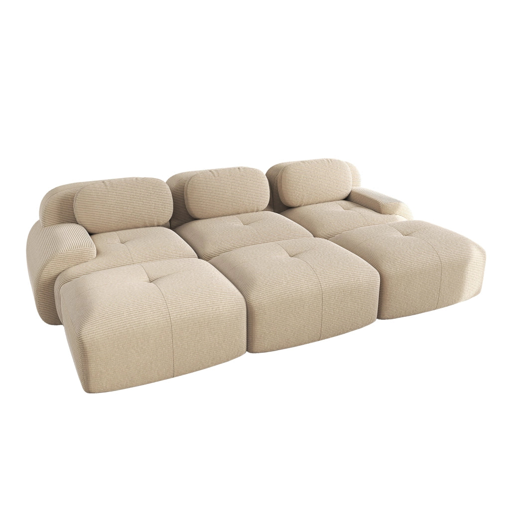 Divano 3 Posti Modulare con 3 Pouf in Tessuto a Coste ¨C MINIMAL ¨C Beige, Braccioli Larghi