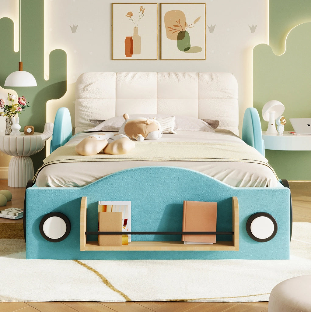 Letto imbottito ULEVR 90x200 cm con contenitore idraulico, tasche laterali e mensola per libri, blu