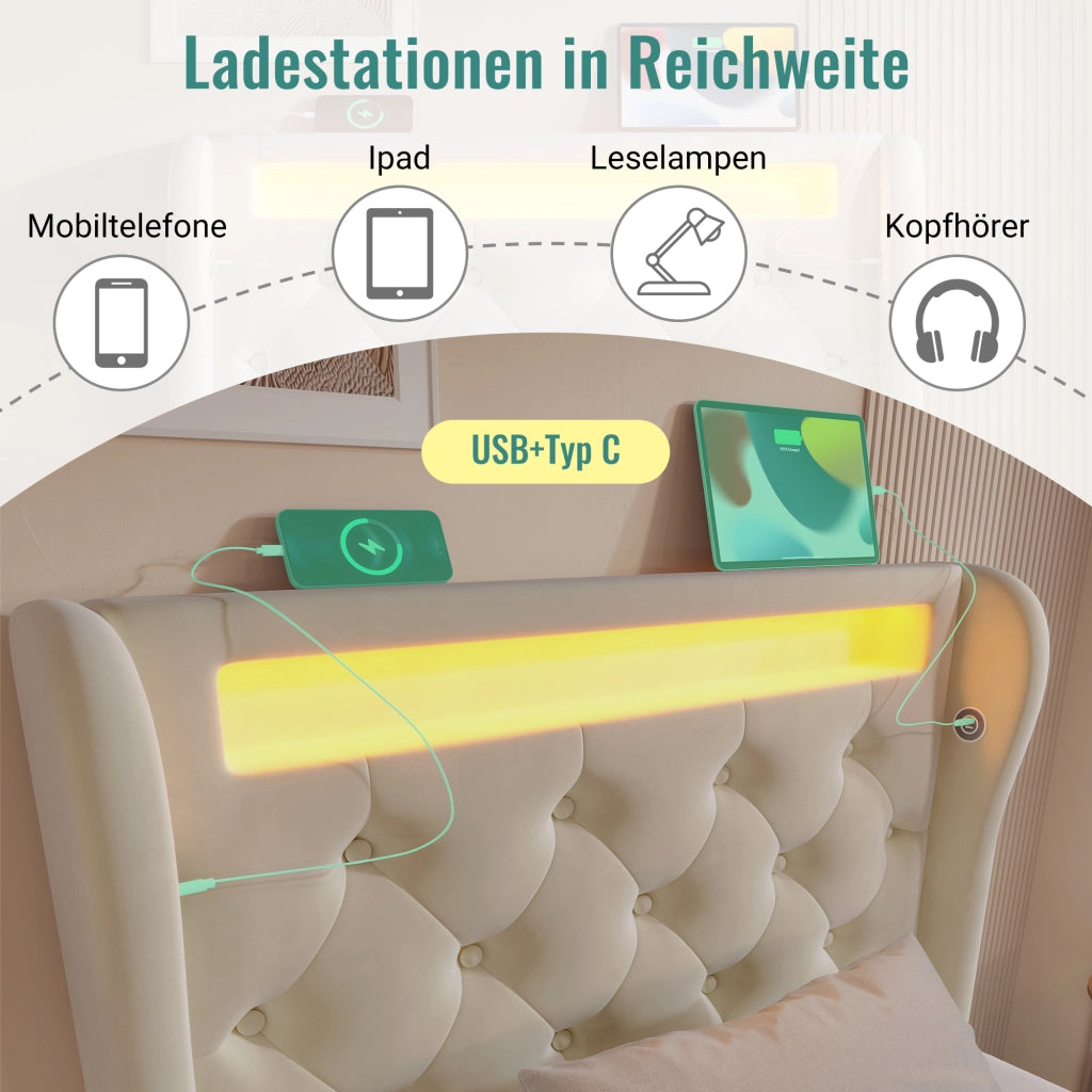 LETTO contenitore 90x200 cm in velluto beige con LED, USB e Type-C con materasso