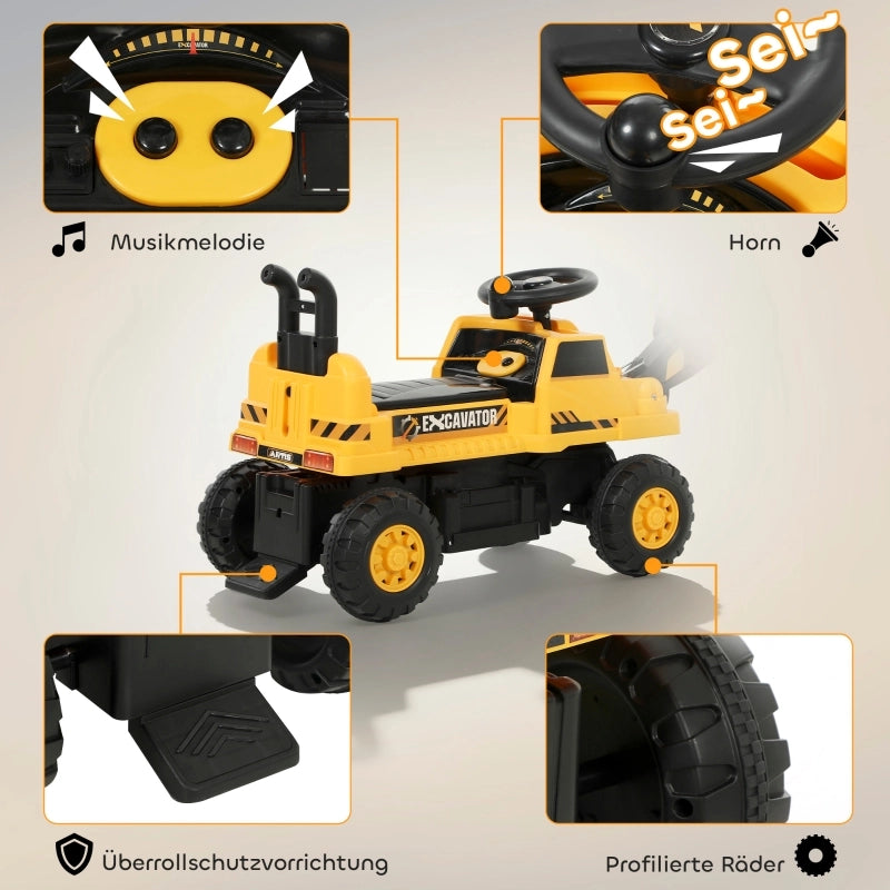 Escavatore cavalcabile con pala, volante girevole, sovrastruttura regolabile, schienale, per bambini da 1,5 a 3 anni, giallo.