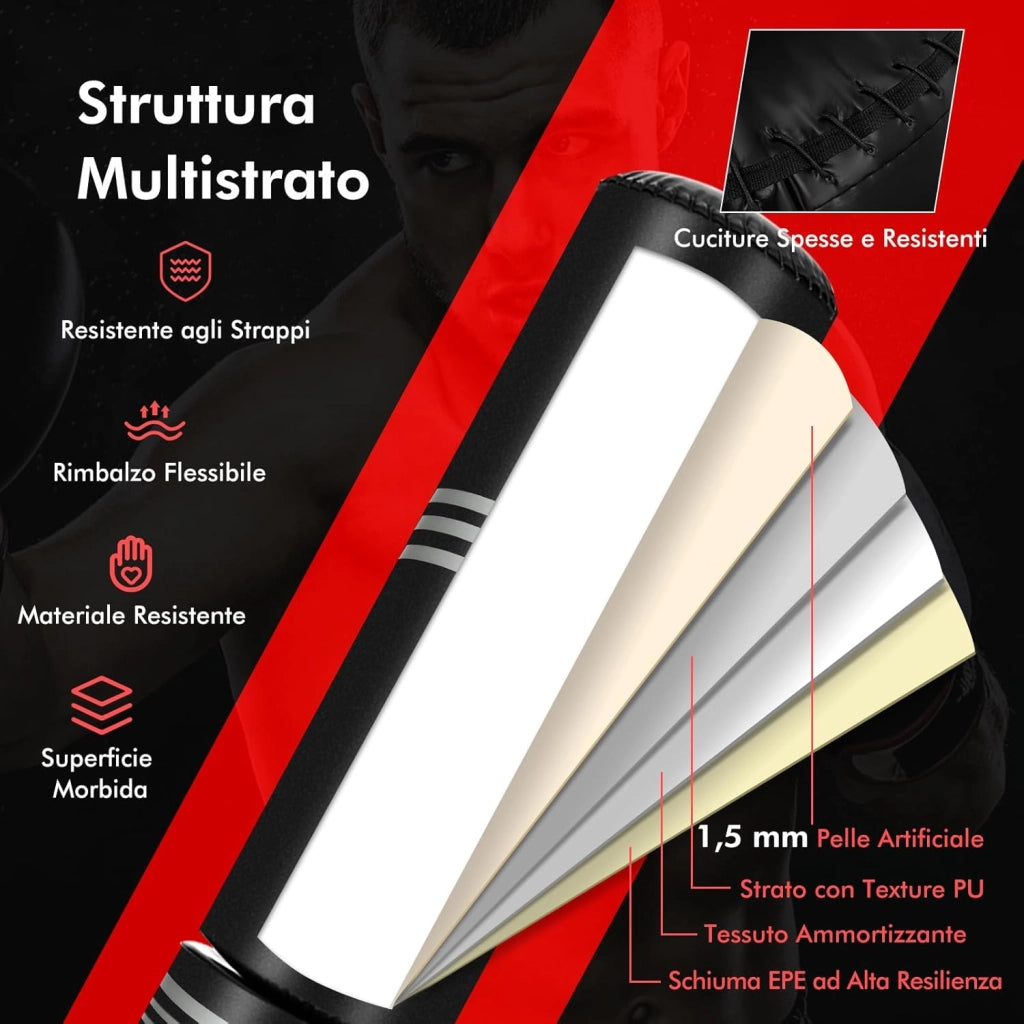 Sacco da Boxe da Terra Professionale con Area per Calci, Sacco Kick Boxing Autoportante con Base Riempibile da Sabbia e Acqua, 12 Ventose in Gomma e Struttura Multistrato
