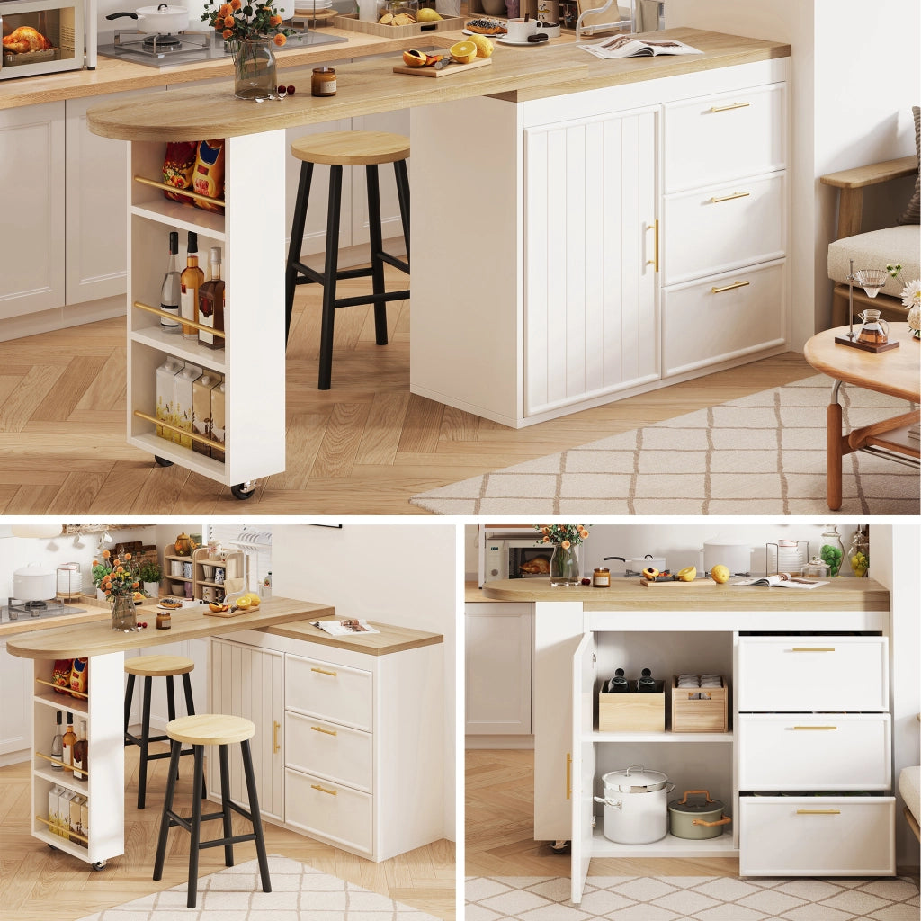 Mobile bar con 3 cassetti e ripiani regolabili; rotazione 360° - in MDF e metallo - bianco