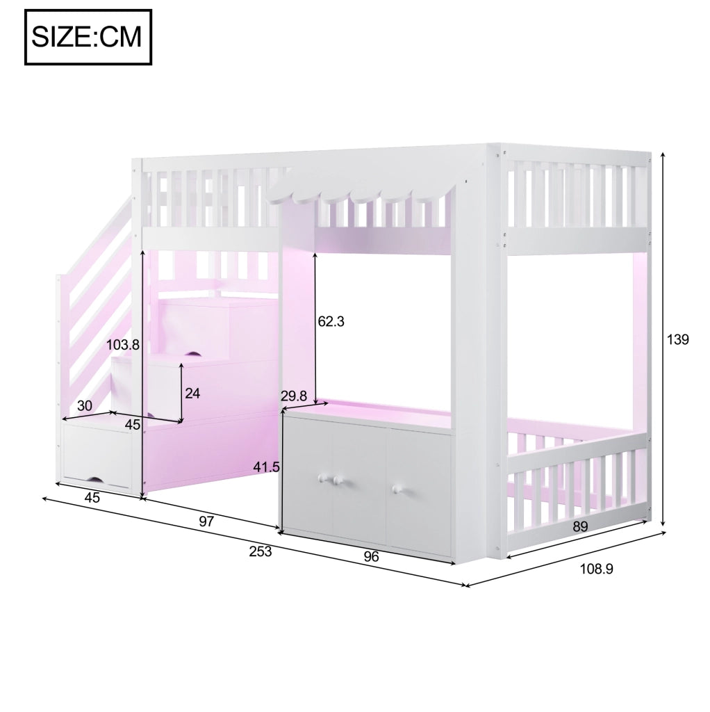 Letto a soppalco singolo 90x200 cm con scala contenitore; spazio di archiviazione e LED multicolore; bianco