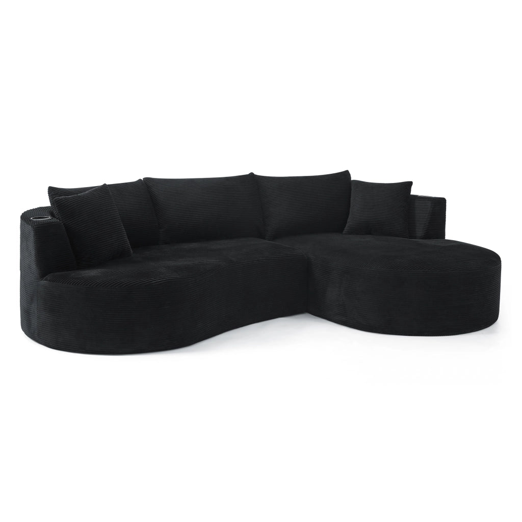 Divano Angolare 3 Posti con Chaise Longue ¨C MINIMAL ¨C Velluto a Coste, Nero, con Cuscini