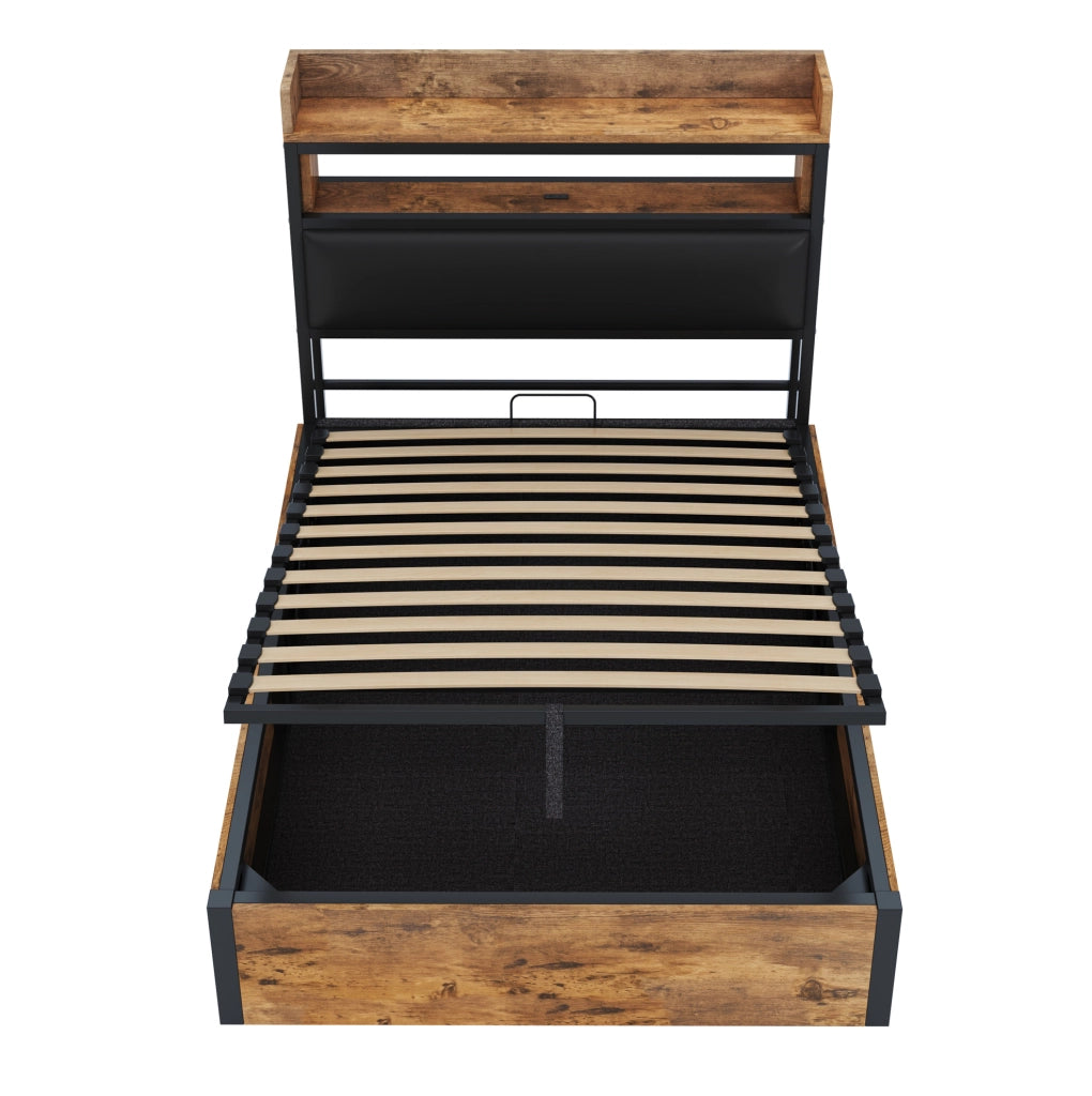 Letto singolo 90x200 cm con contenitore; meccanismo idraulico; USB; nero