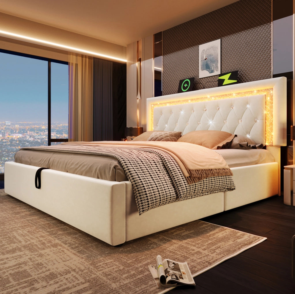 Letto matrimoniale 180x200 cm in velluto beige con LED; testiera regolabile e contenitore