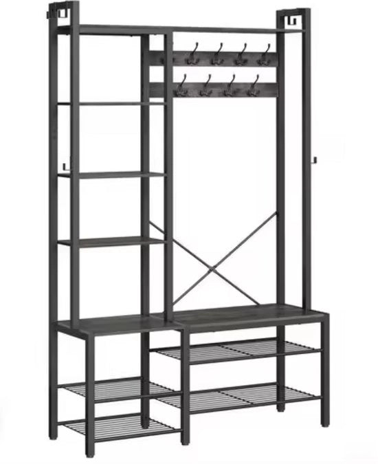 Kapstok Grosso - Cestino per Abiti - Cestino per Scarpe - Cestino per Pantofole - Bancone per Sedia - Pannelli - Ganci - Legno e Metallo - Industriale - Nero - 120x190x40cm