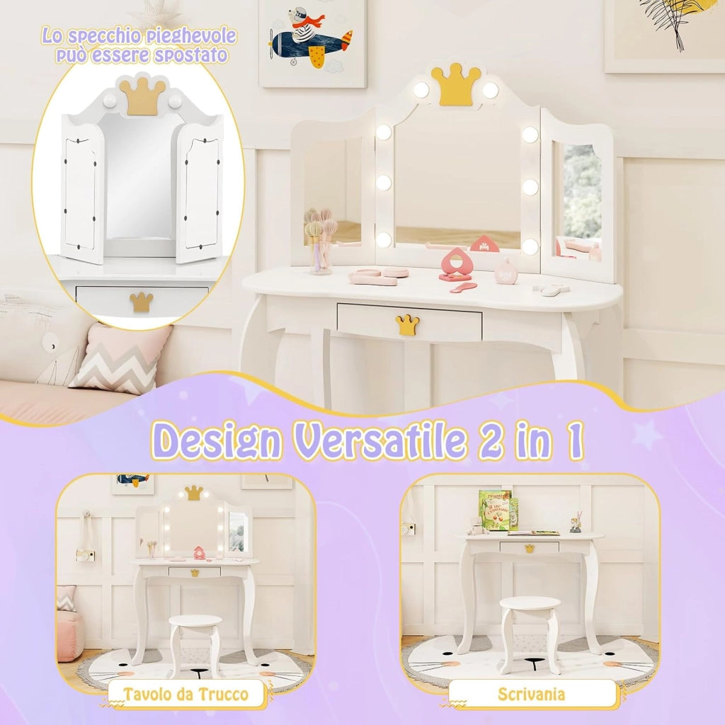 Set Toeletta Trucco per Bambina con Sgabello, Tavolo Trucco Triplo Specchio Staccabile con Luci LED a 3 Colori, Postazione Trucco con Cassetto e Accessori, per Bambine 3-7 Anni (Bianco)