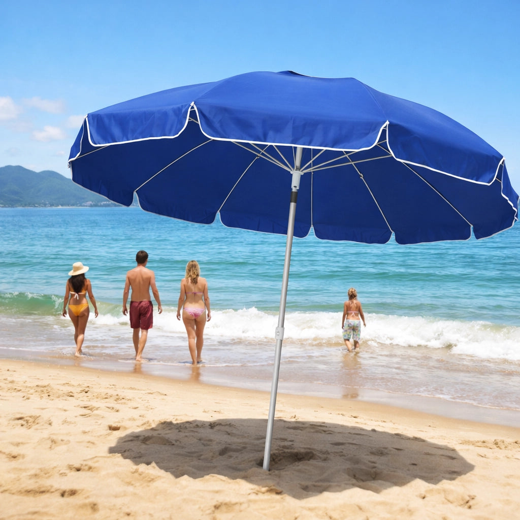 Ombrellone Mare Spiaggia 200 cm 12 Stecche Antivento Alluminio UV50+ Inclinabile Custodia Blu