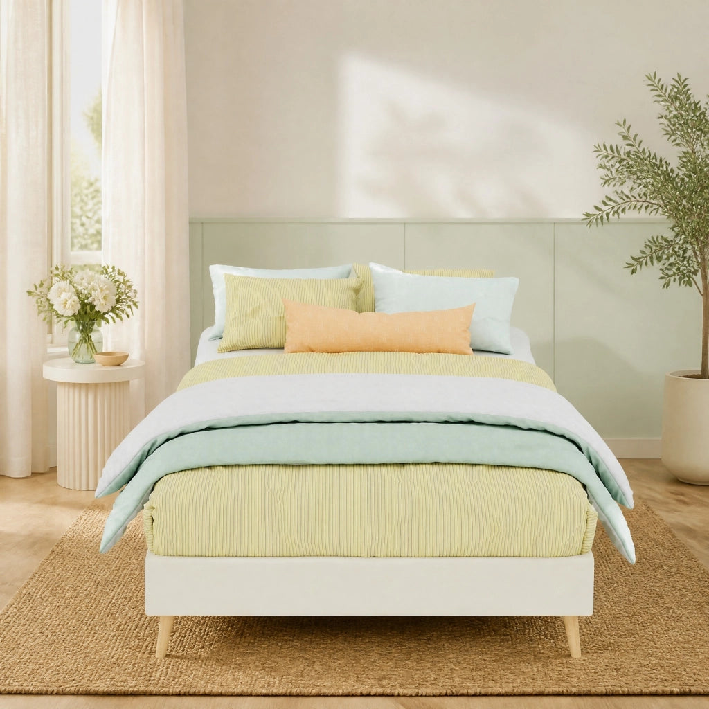 DESMIU Letto per bambini 90 × 200 cm con testiera cartoon, senza materasso, in tessuto e metallo, beige