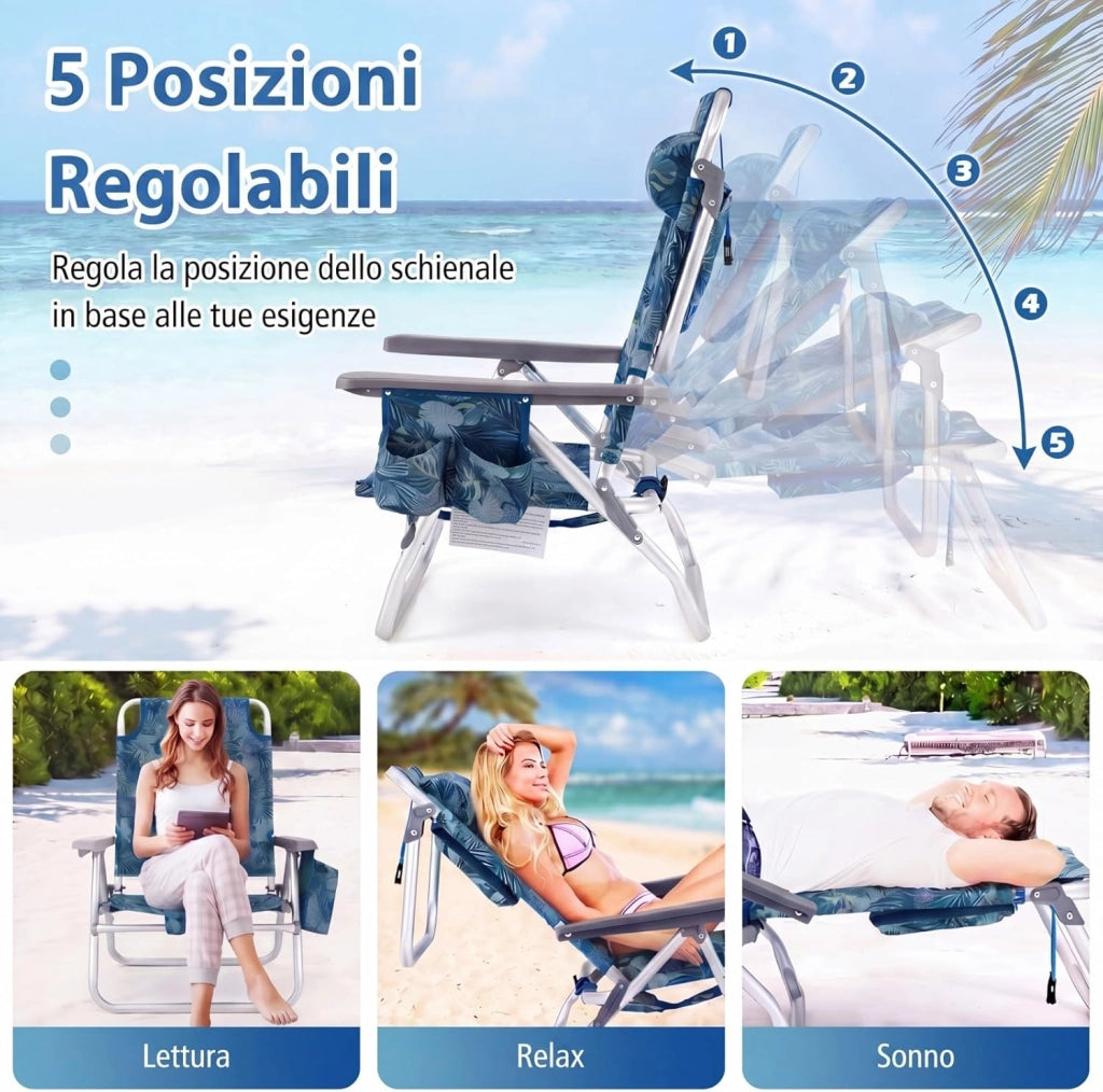 Set di 2 Sedie e Tavolino da Spiaggia Pieghevole, Schienale Regolabile a 5 Livelli, con Portatesta, Borsa Portaoggetti, Borsa Termica, per Campeggio Picnic Esterno (Blu Scuro, Modello 2)
