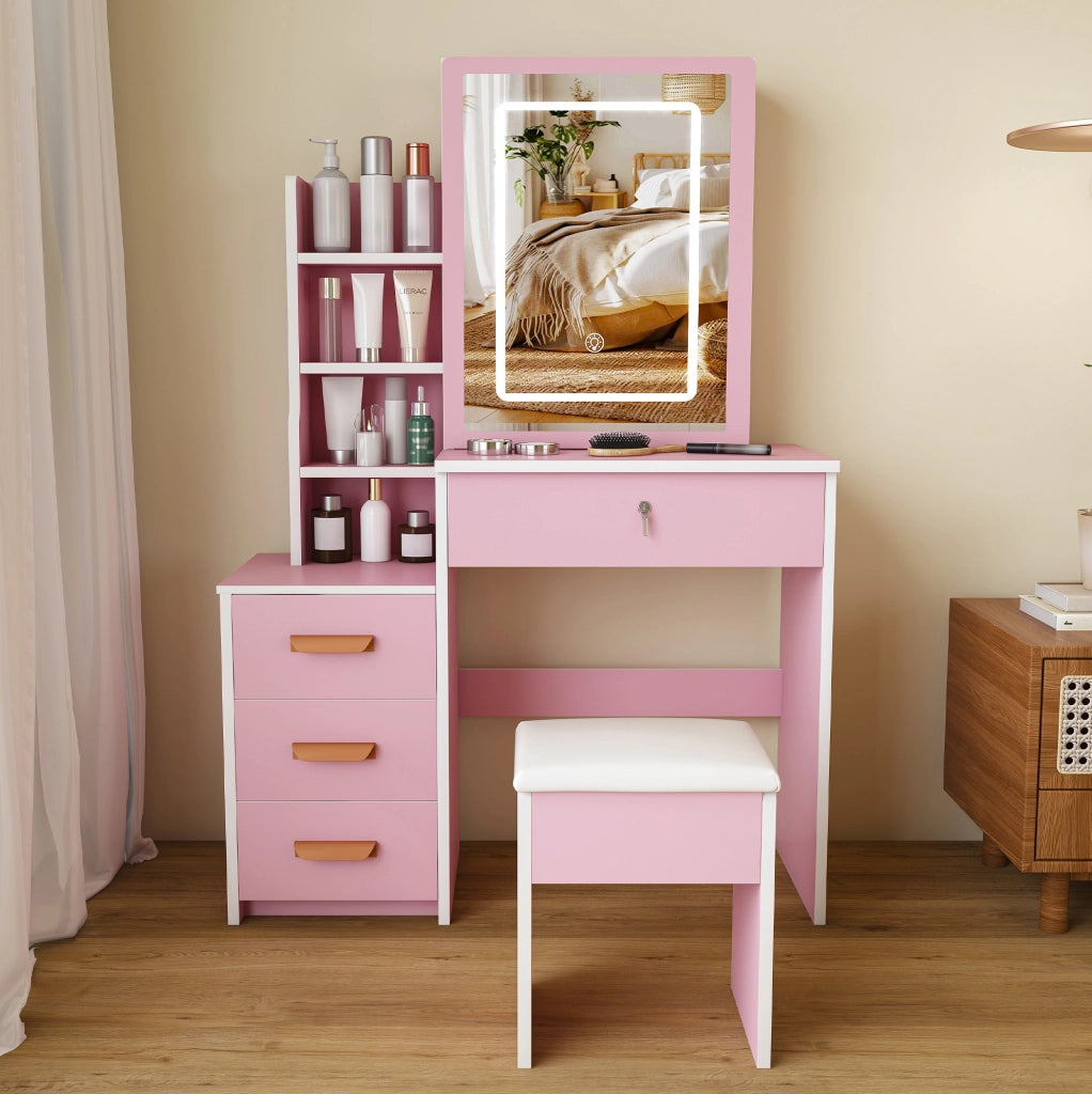 Tavolo da trucco con specchio LED; 4 cassetti; struttura in MDF; rosa; 85x130x36 cm