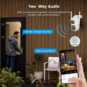 Camera di sicurezza wireless con doppio obiettivo - funzione panoramica 360° - IP66 impermeabile all'acqua - per interni ed esterni - rilevamento vocale umano.