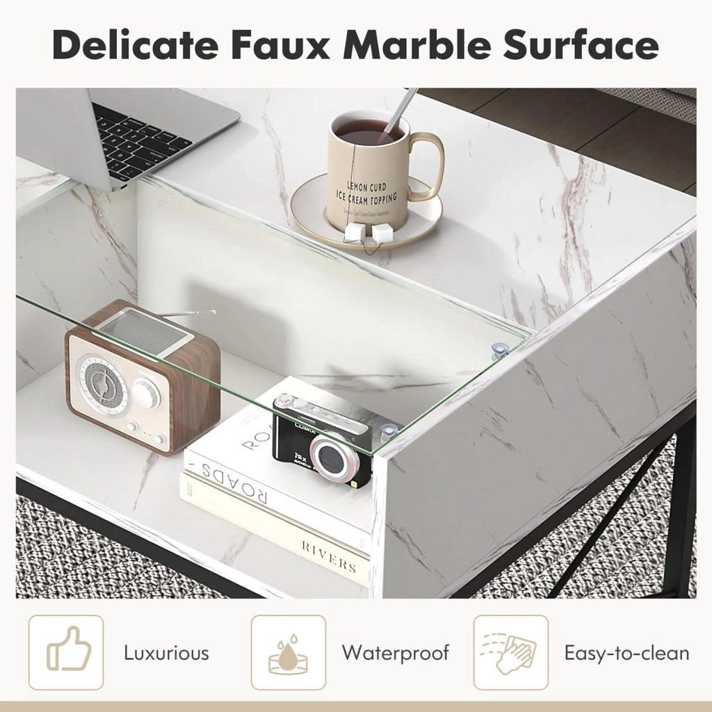 Tavolino da salotto moderno con luci a LED regolabili e 4 cubi, tavolo da salotto moderno con piano in finto marmo e vetro temperato, telecomando incluso, bianco/nero (bianco)