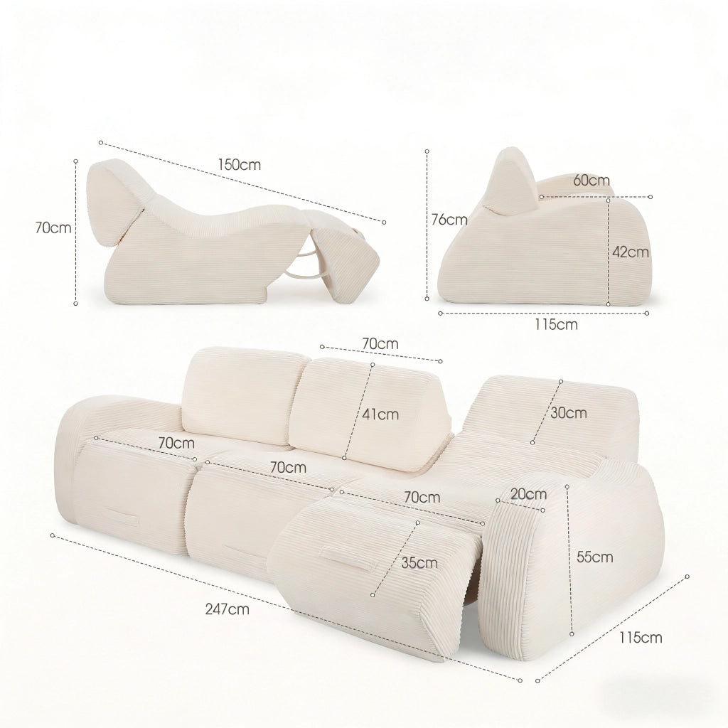 Divano modulare a tre moduli in velluto a coste con funzione letto, senza montaggio né attrezzi, beige 115 × 247 × 76 cm