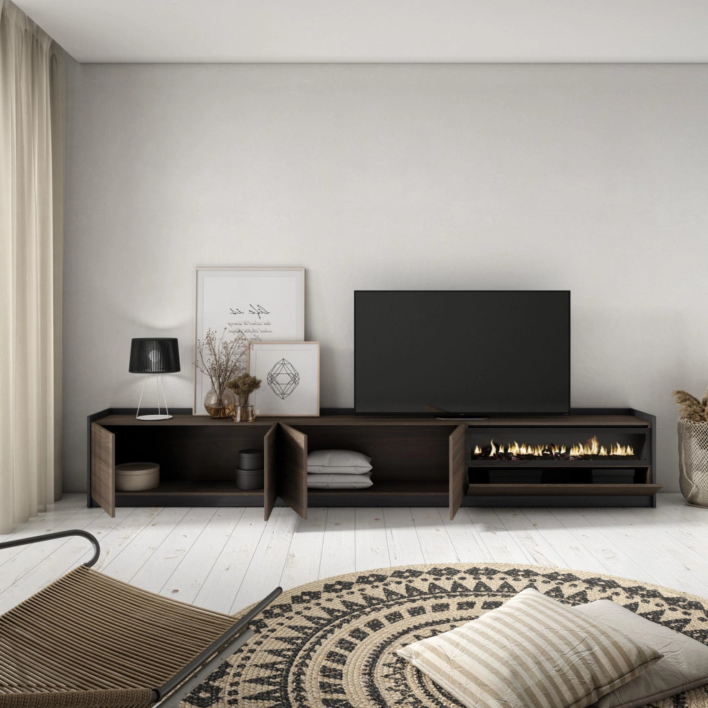 Mobile TV Soggiorno, 310x50x37 cm, Per TV fino a 80", Camino elettrico, Rovere scuro e Nero
