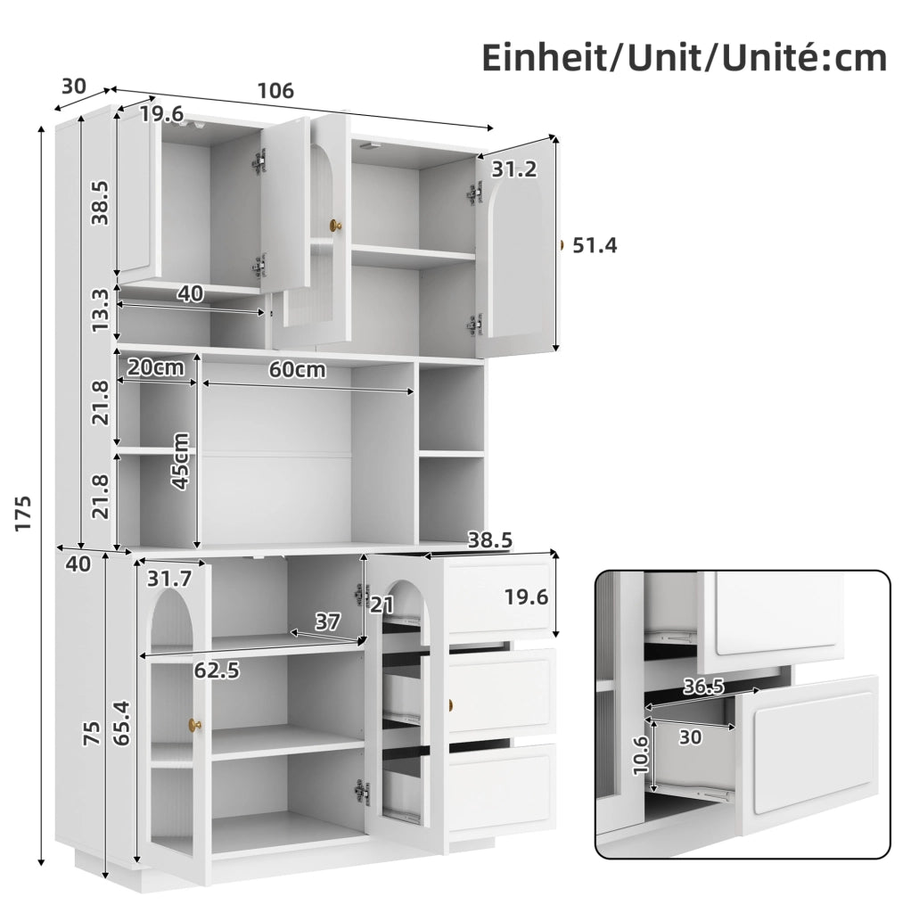Credenza alta da cucina 106x30x175 cm in MDF bianco con LED e vani